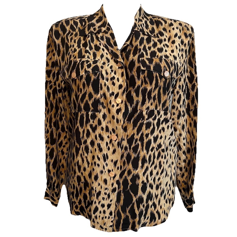 Vintage Lew Magram Leopard Print Silk Blouse Women's M Button Up Classic Chic